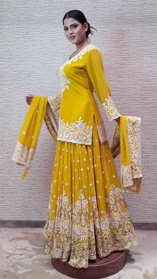 Blooming Yellow Sharara Set With Intricate Threadwork