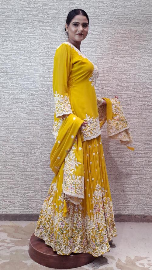 Blooming Yellow Sharara Set With Intricate Threadwork