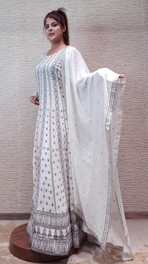 White And Black Straight Suit With Floral Threadwork In Georgette Fabric