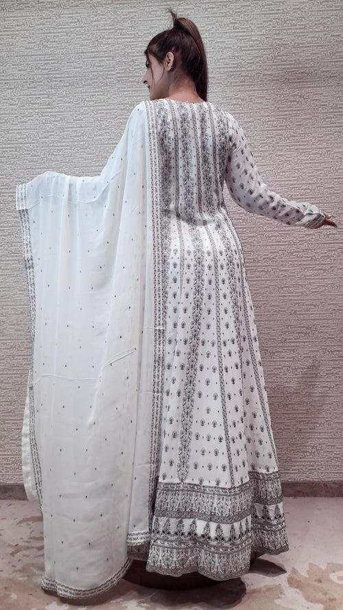 White And Black Straight Suit With Floral Threadwork In Georgette Fabric