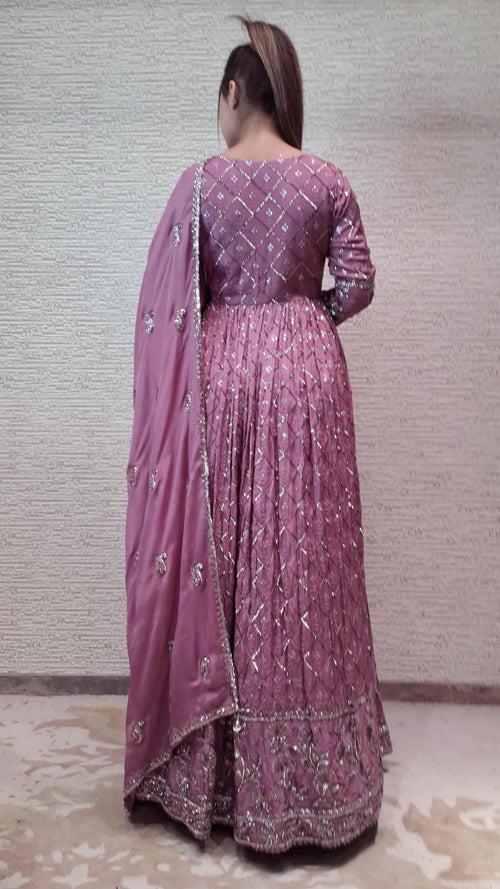 Graceful Ruby Pink Anarkali With Monofone Sequins And Resham Threadwork In Chinon Fabric