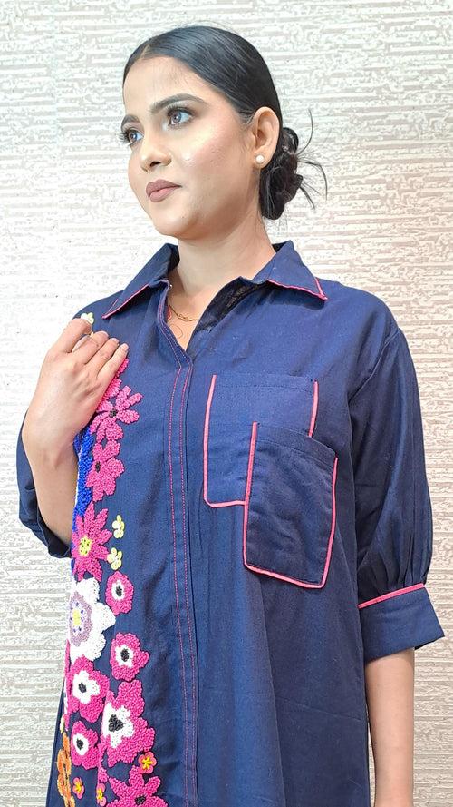 Statement Denim Kurti With Eye Catchy Floral Beadwork