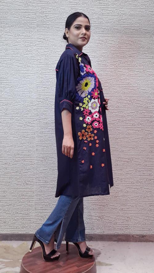 Statement Denim Kurti With Eye Catchy Floral Beadwork