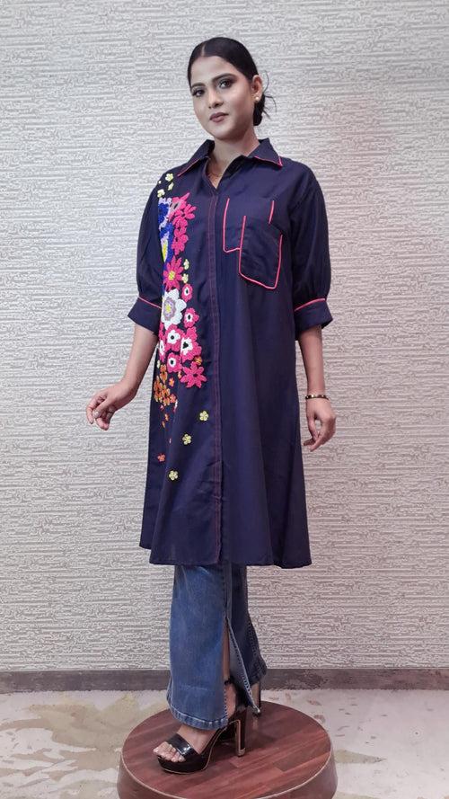 Statement Denim Kurti With Eye Catchy Floral Beadwork