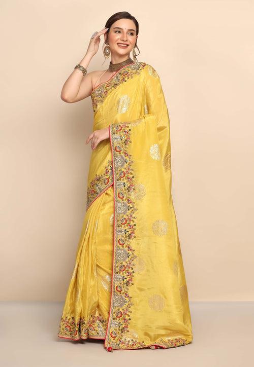 Radiant Yellow Color Silk Blend Saree with Thread Work, Sequins & Gota