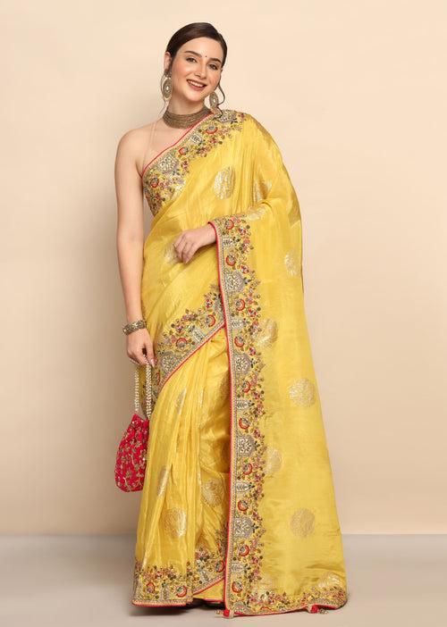 Radiant Yellow Color Silk Blend Saree with Thread Work, Sequins & Gota