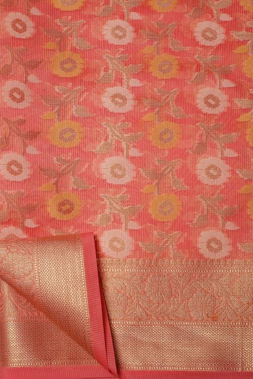 Whispering Petals: Peach Saree with Floral Motif in Cotton Silk