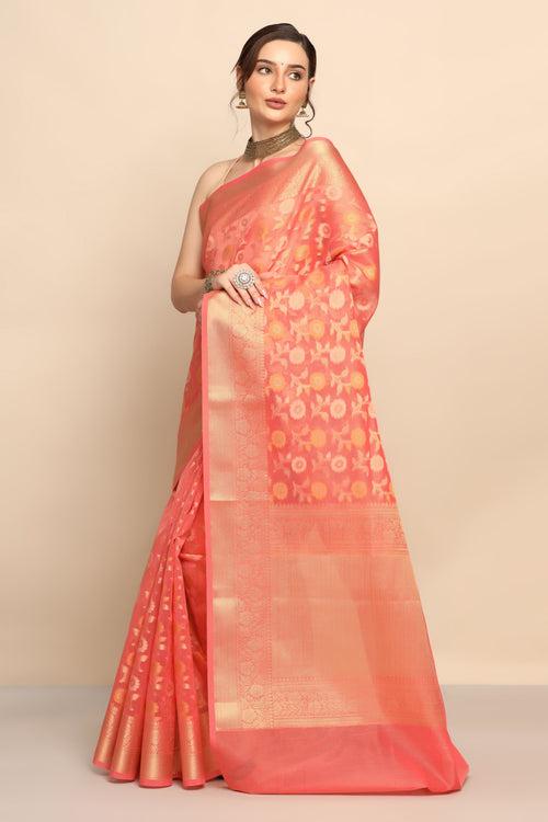 Whispering Petals: Peach Saree with Floral Motif in Cotton Silk