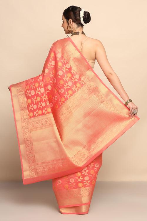 Whispering Petals: Peach Saree with Floral Motif in Cotton Silk