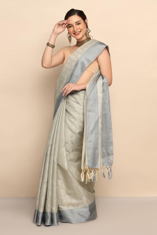 Timeless Grey Silk Saree with Intricate Floral Motif