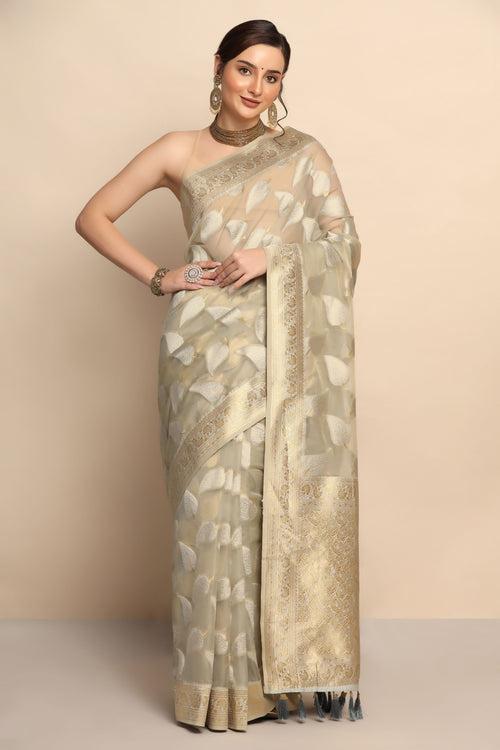 Graceful Grey Organza Saree with Zari Border