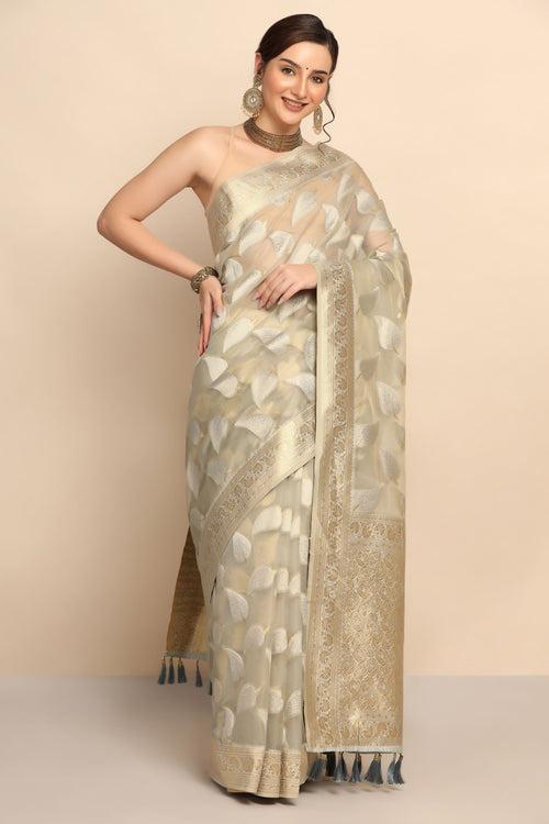 Graceful Grey Organza Saree with Zari Border