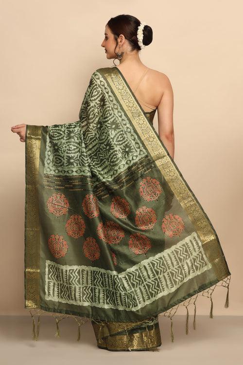 Contemporary Elegance: Green Color Cotton Silk Saree with Geometrical Motif