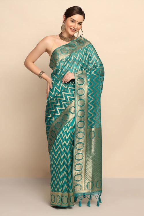 Glamorous Emerald Color Zig Zag Design Organza Saree