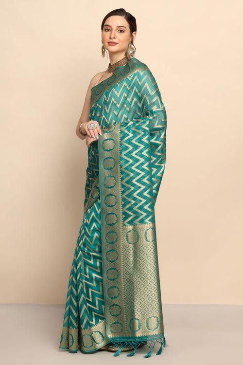 Glamorous Emerald Color Zig Zag Design Organza Saree