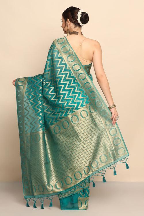 Glamorous Emerald Color Zig Zag Design Organza Saree