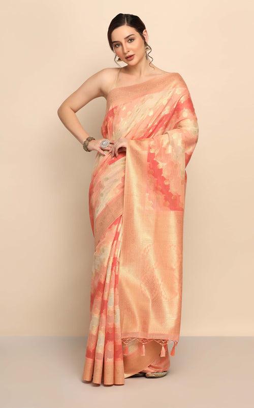 Exquisite Peach Color Silk Blend Saree with Geometrical Motif