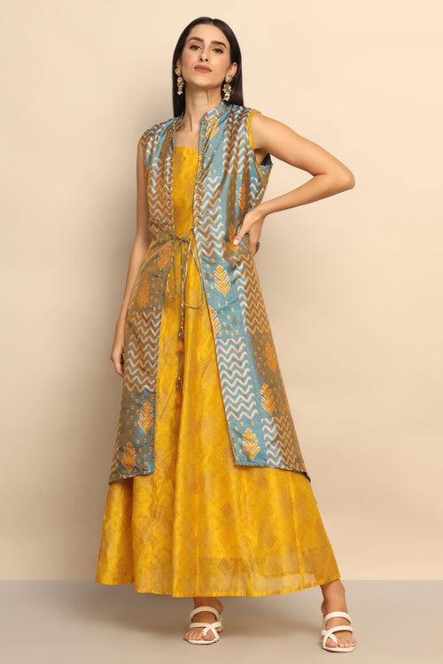 Sunflower Serenade Mustard and Blue Printed Dress