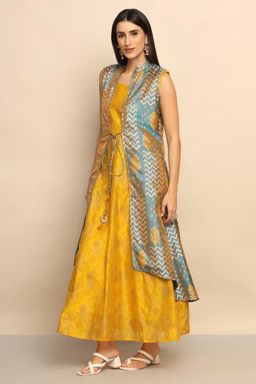 Sunflower Serenade Mustard and Blue Printed Dress