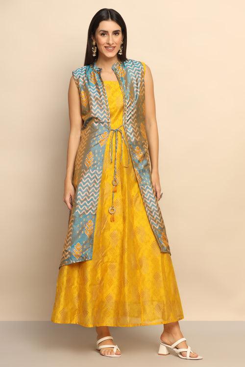 Sunflower Serenade Mustard and Blue Printed Dress