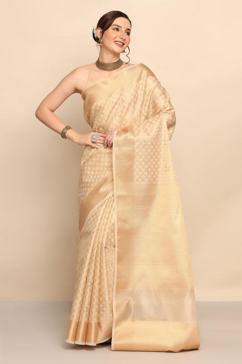 Stunning Beige Golden Cotton Silk Saree with Geometrical Motif"