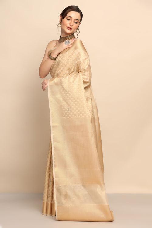 Stunning Beige Golden Cotton Silk Saree with Geometrical Motif"