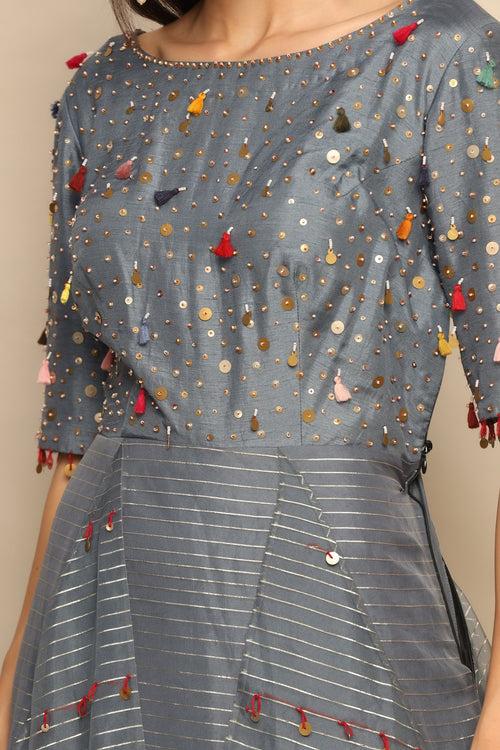 Trendy Grey Dress with Thread Work, Sequins, and Gota Embellishments