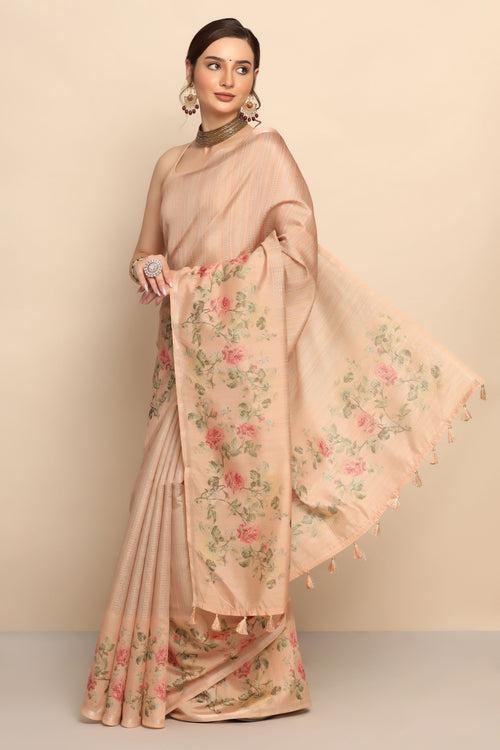 Stunning Peach Silk Saree with Exquisite Floral Motif