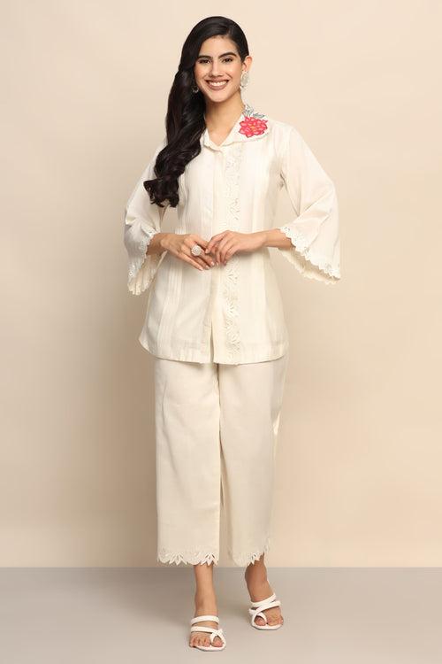 Whimsical Blossoms: White Color Co-ord Set with Patch Flower Collar