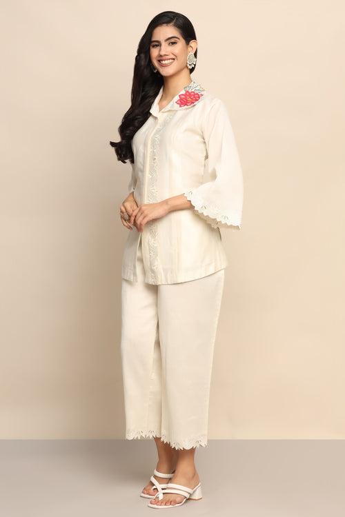 Whimsical Blossoms: White Color Co-ord Set with Patch Flower Collar