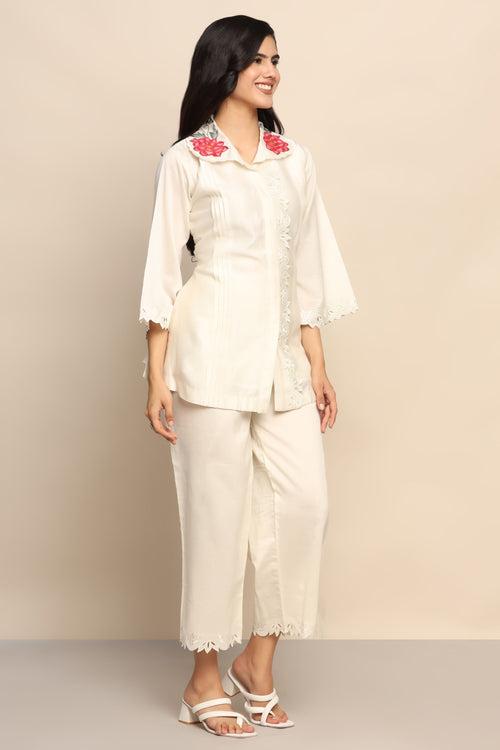 Whimsical Blossoms: White Color Co-ord Set with Patch Flower Collar