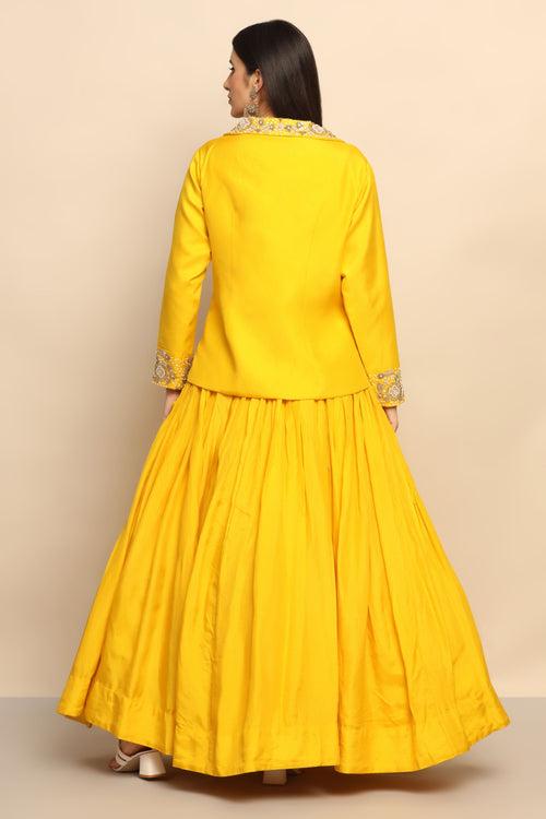 Radiant Yellow Silk Blend Lehenga with Moti, Sali, and Sequins