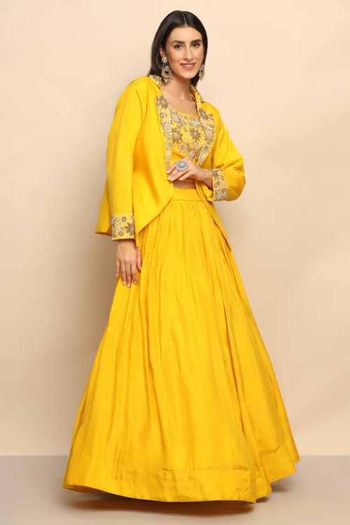 Radiant Yellow Silk Blend Lehenga with Moti, Sali, and Sequins