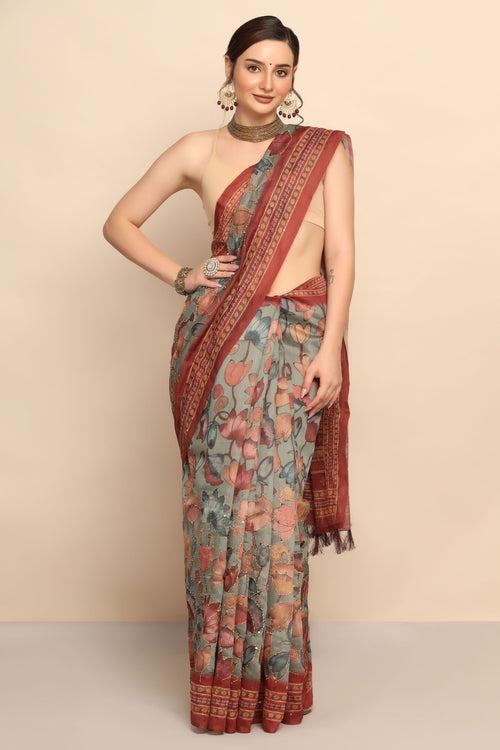 Green Silk Blend Saree with Stunning Thread Work