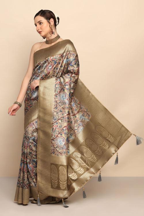 Enchanting Greens: Floral Motif Printed Silk Saree in Green