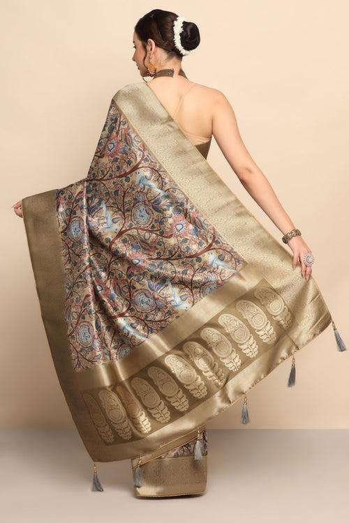 Enchanting Greens: Floral Motif Printed Silk Saree in Green