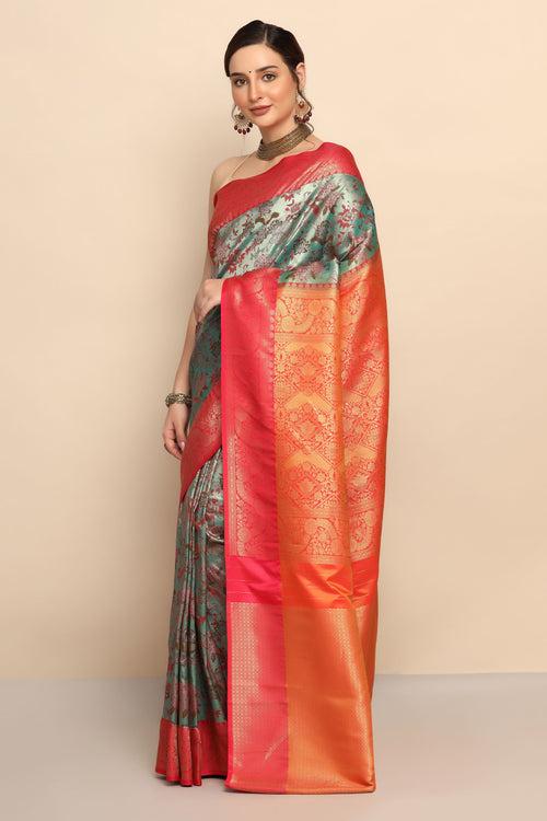 Nature's Splendor: Green Color Silk Saree with Floral Motif