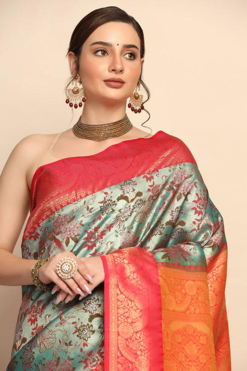 Nature's Splendor: Green Color Silk Saree with Floral Motif