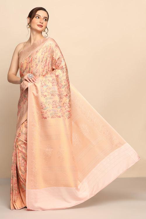 Exquisite Peach Color Silk Blend Saree with Floral Motif