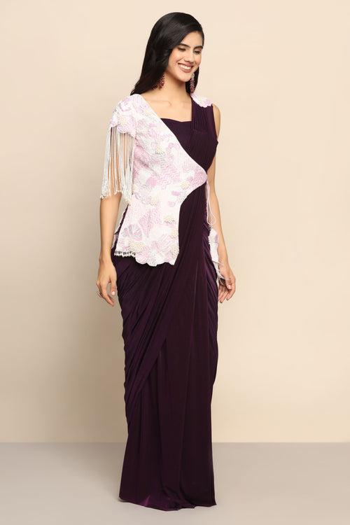 Glamorous Purple Drape Saree with Heavy Designer Jacket