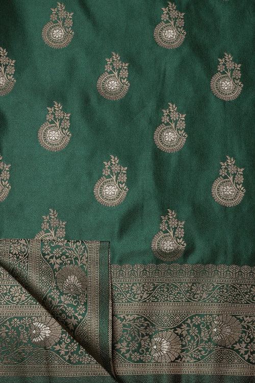 Stunning Dark Green Silk Blend Saree with Paisley Motif and Zari Detailing