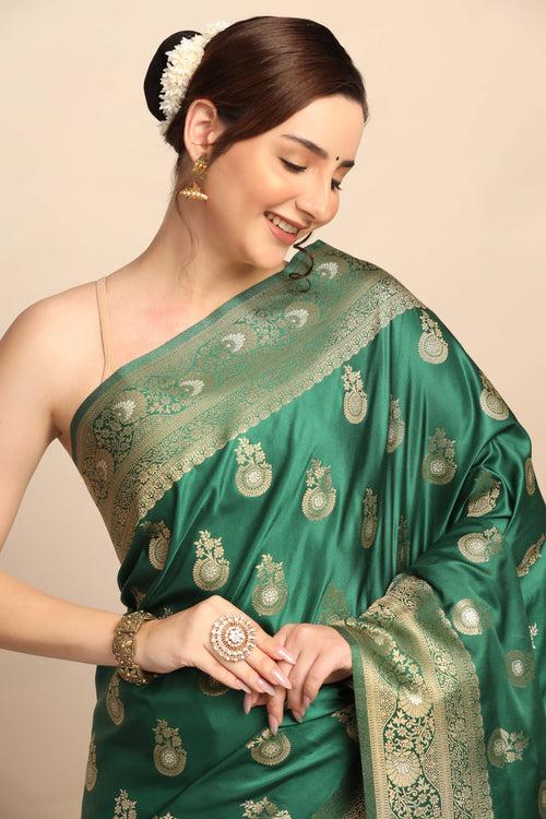 Stunning Dark Green Silk Blend Saree with Paisley Motif and Zari Detailing