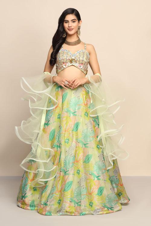 Glamorous Green Sequin and Moti Lehenga in Exquisite Organza Fabric