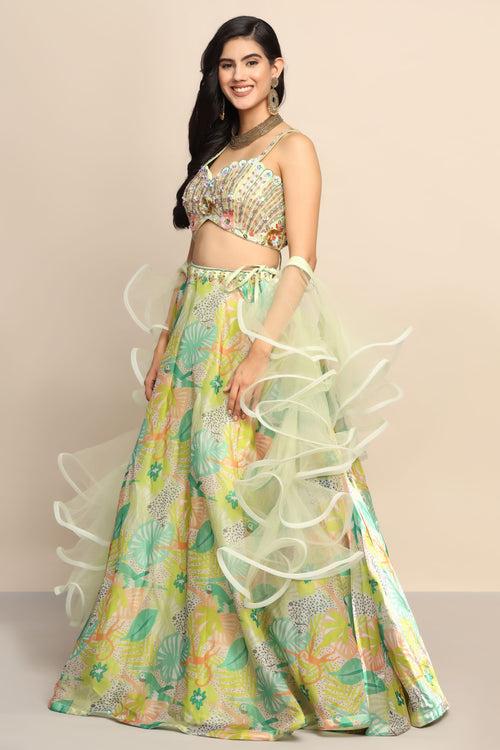 Glamorous Green Sequin and Moti Lehenga in Exquisite Organza Fabric