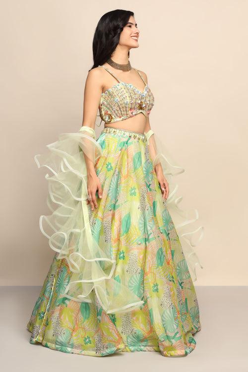 Glamorous Green Sequin and Moti Lehenga in Exquisite Organza Fabric