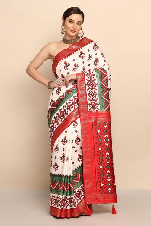 Dynamic Fusion: White & Red Silk Saree with Geometrical Motif