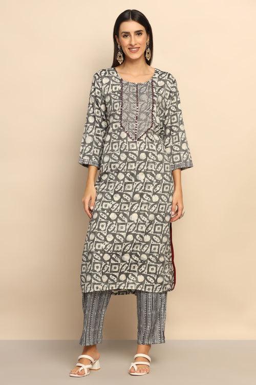 Elegant Black & White Cotton Blend Suit with Thread Work Mirror