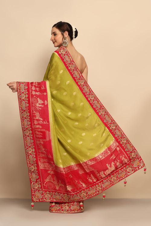 Enchanting Harmony: Green & Majenta Color Silk Blend Saree with Sequins & Thread Work