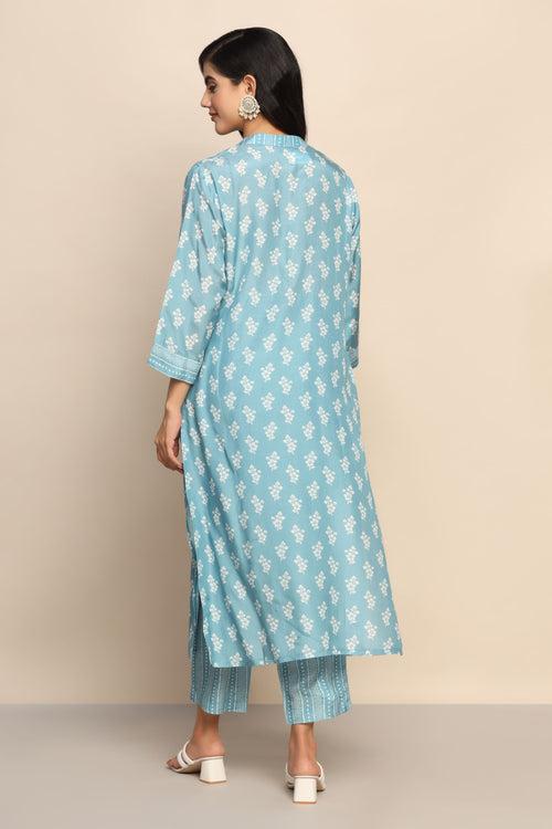 Elegant Printed Blue Color Suit | Silk & Cotton Blend