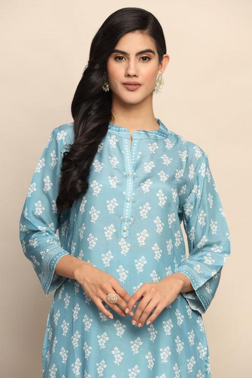 Elegant Printed Blue Color Suit | Silk & Cotton Blend